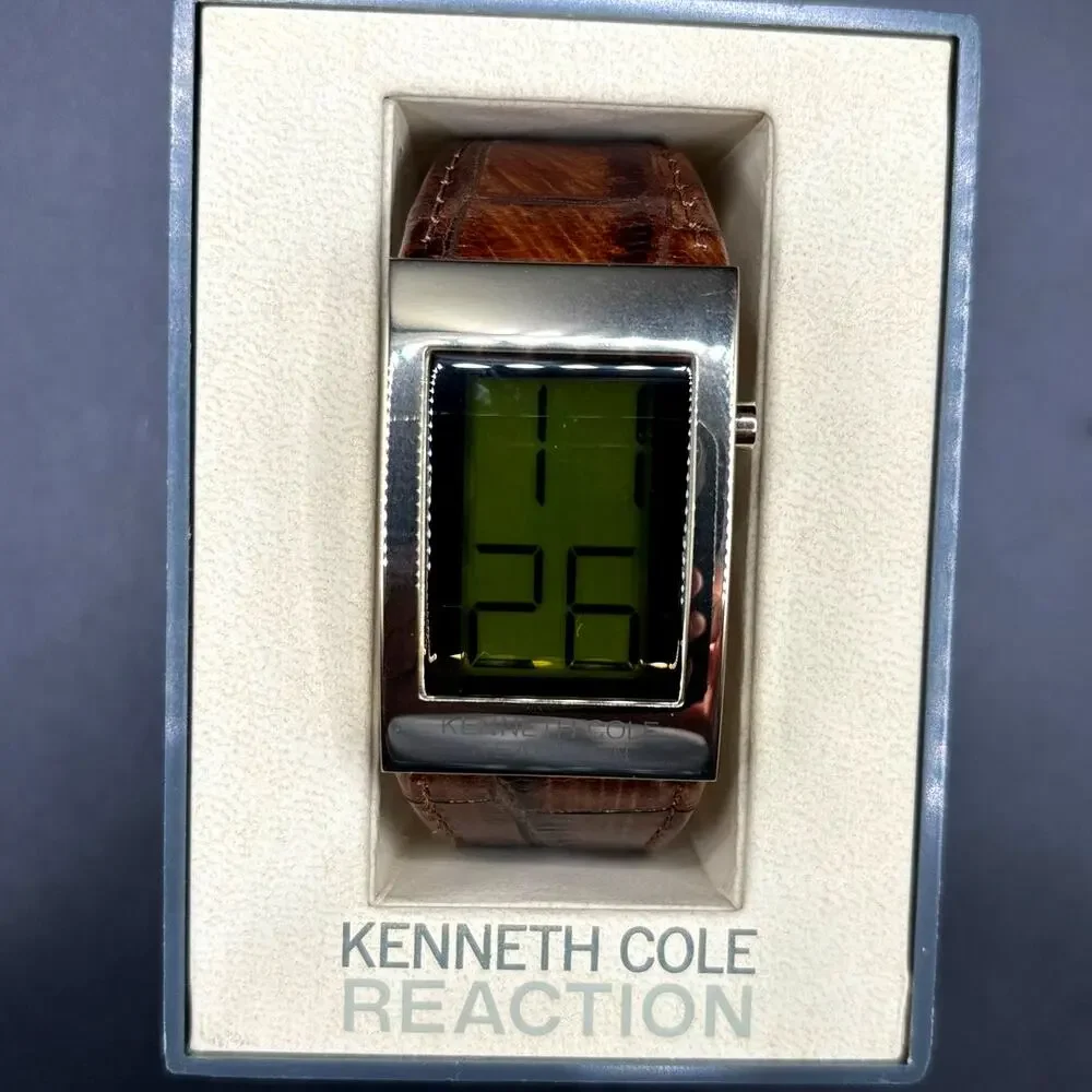 Kenneth Cole Reaction KC1398 Digital Gold Tone Brown Embossed Leather Watch Y2K